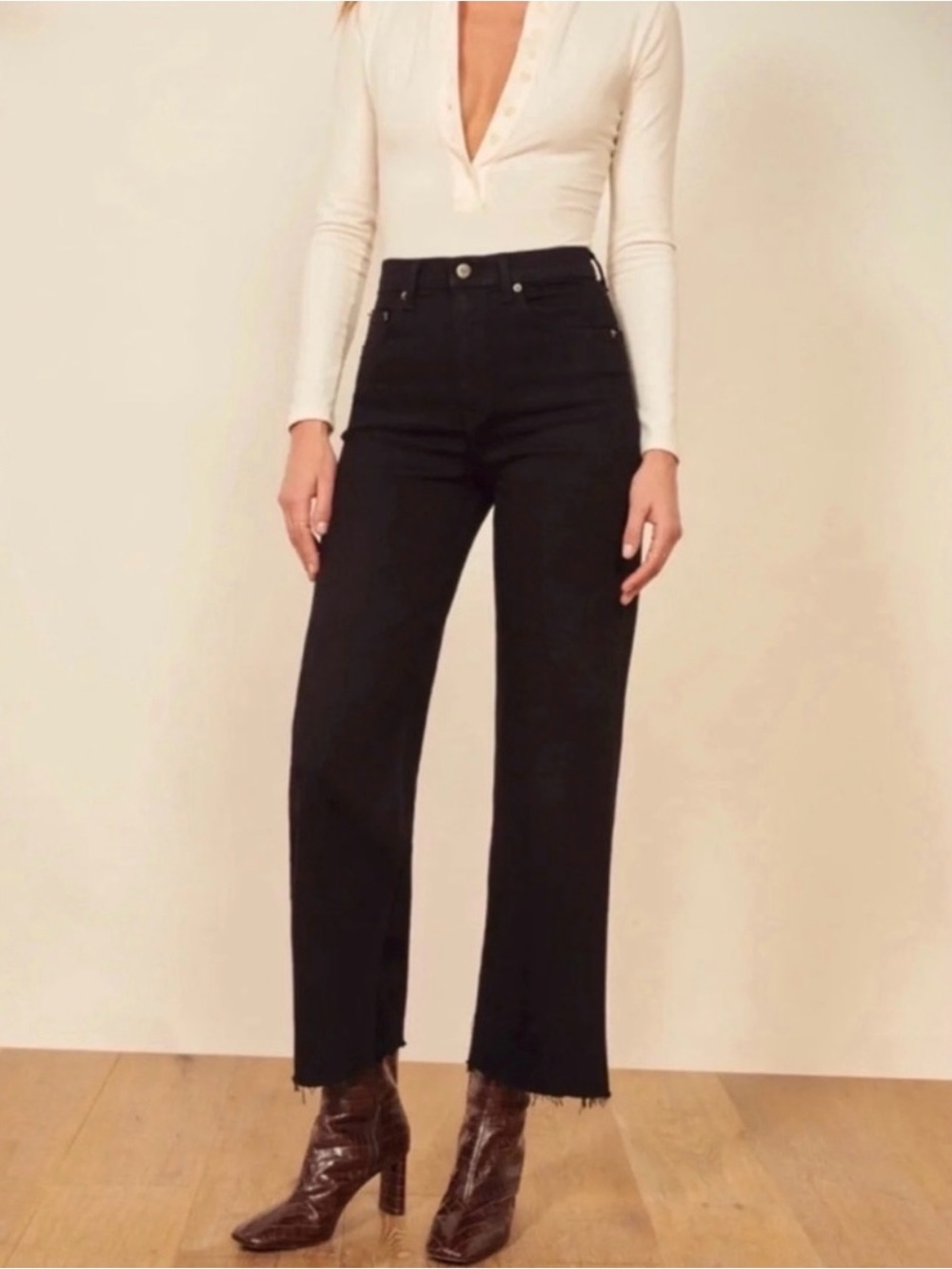 REFORMATION Stretch Flood Raw Hem Wide Leg Crop Jeans Size 23